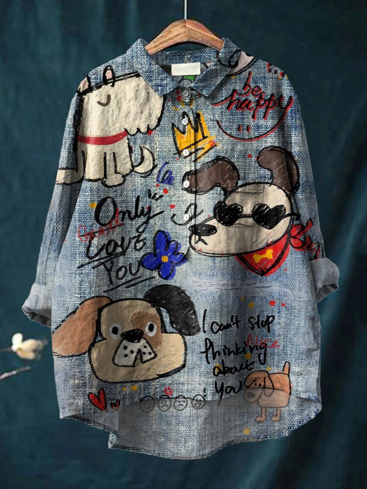 かわいい犬のアートプリントカジュアルシャツ
